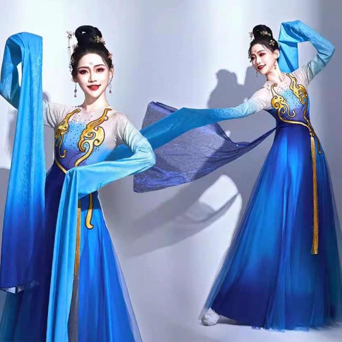 Blue Waterfall sleeves Chinese folk dance costume fairy hanfu  for women girls female elegant  Han Tang art examination long-sleeved classical dance dresses